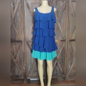 Calvin Klein Ruffled, Flirty, Cobalt and Aqua Tiered Sleveless Dress, Size 10.